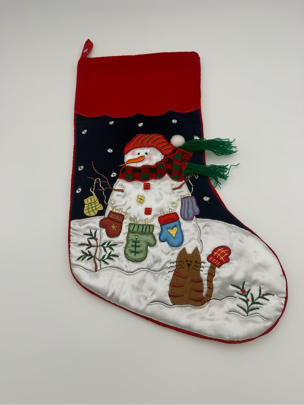 Vintage Snowman Cat with Mittens Christmas Stocking Felt Appliqué Holiday 18”